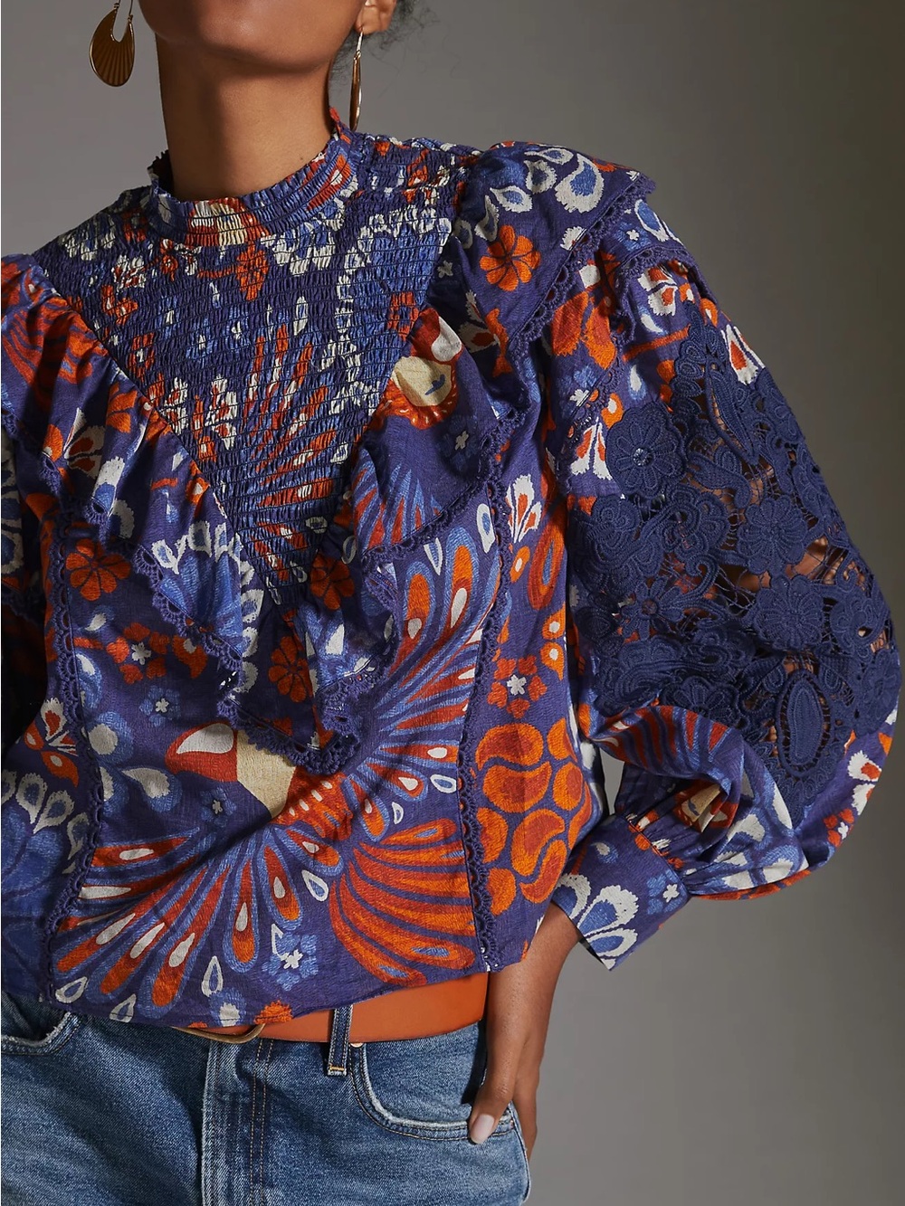 FARM Rio Navy & Orange Floral Lace Puff-Sleeve Blouse